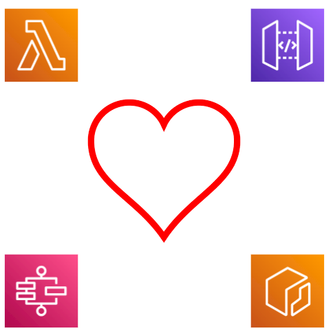 A heart surrounded by logos of various AWS services